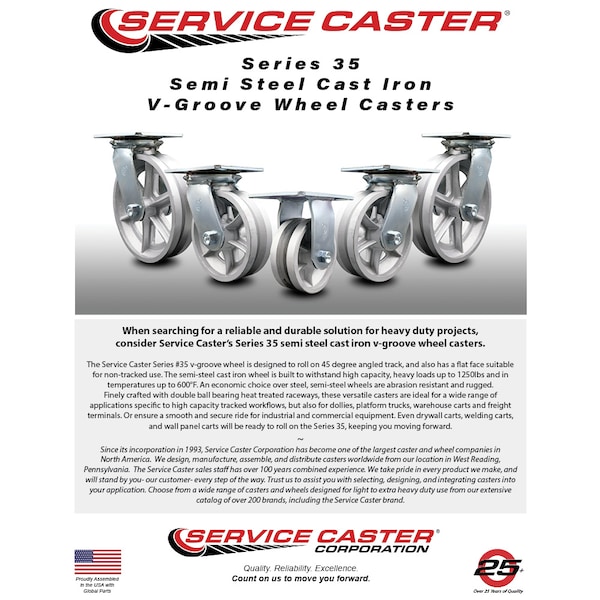 8 Inch V Groove Semi Steel Caster Brakes/Swivel Locks and 2 Rigid SCC, 2PK